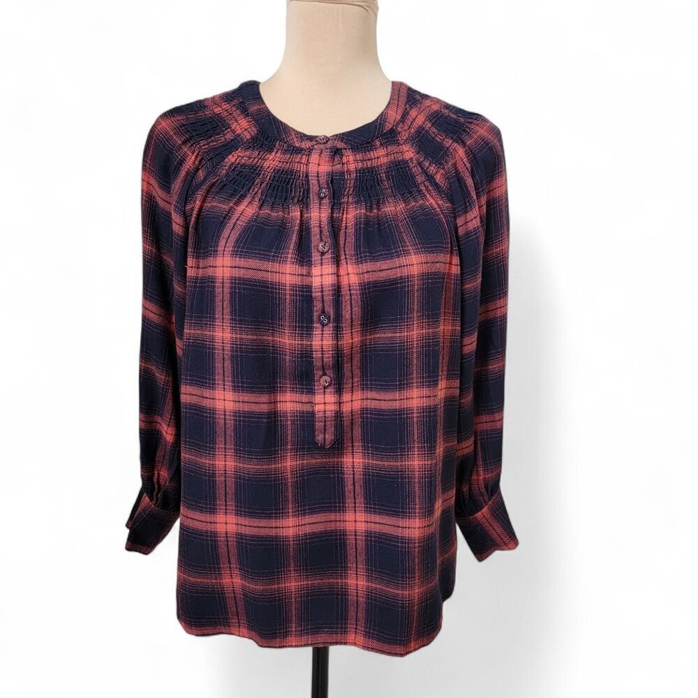 LOFT Size S Dark Dark Blue & Red Plaid Flannel Smocked Detail Blouse